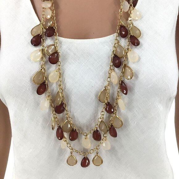 Charming Charlie Necklace Teardrop Fringe Gold Tone Brown Pale Pink - Picture 4 of 5